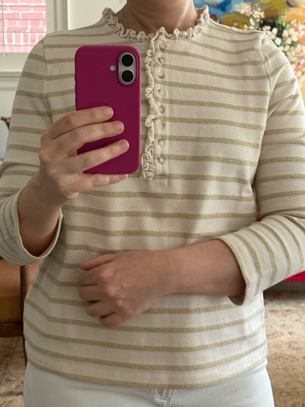 Sezane Cream and Gold Striped Long Sleeve (3/4) Ruffle Henley Tee Organic cotton
